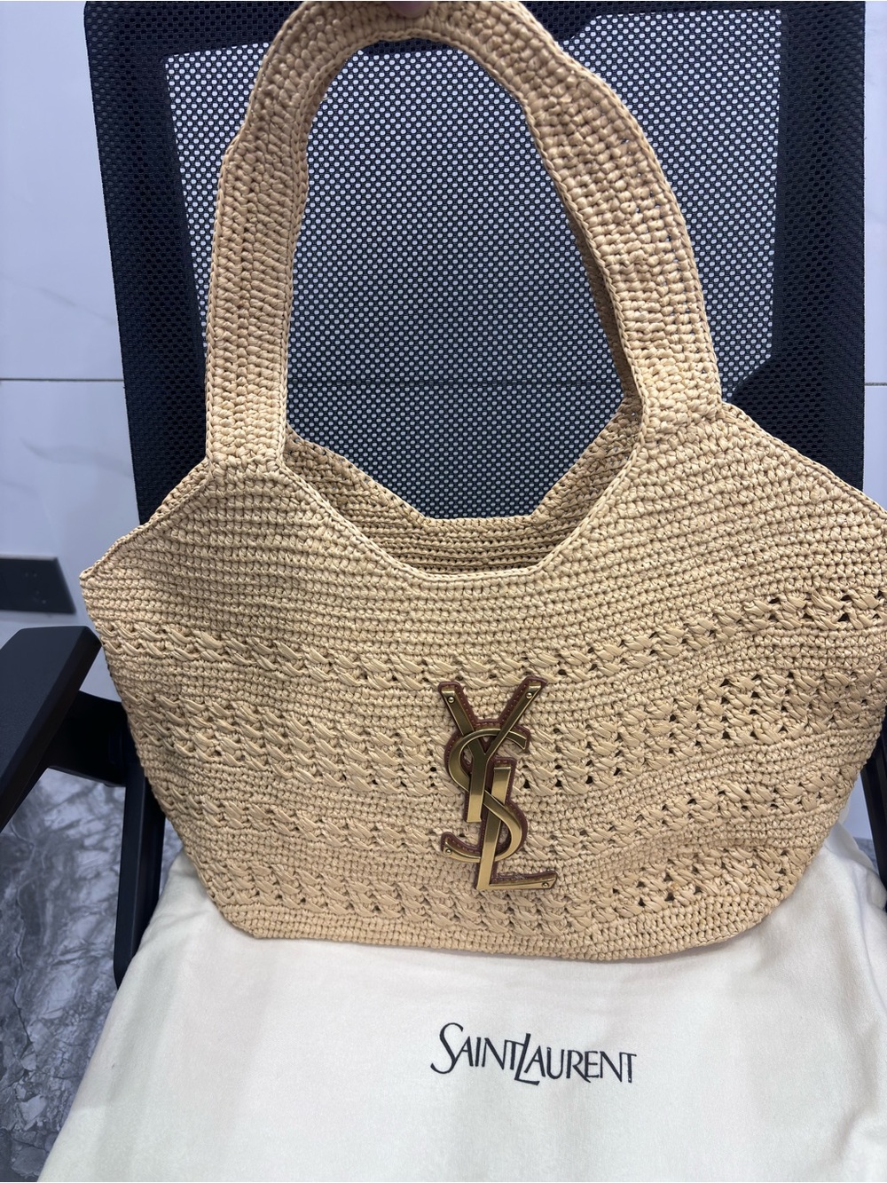 Saint Laurent Tan Crochet Tote with Gold YSL Emblem